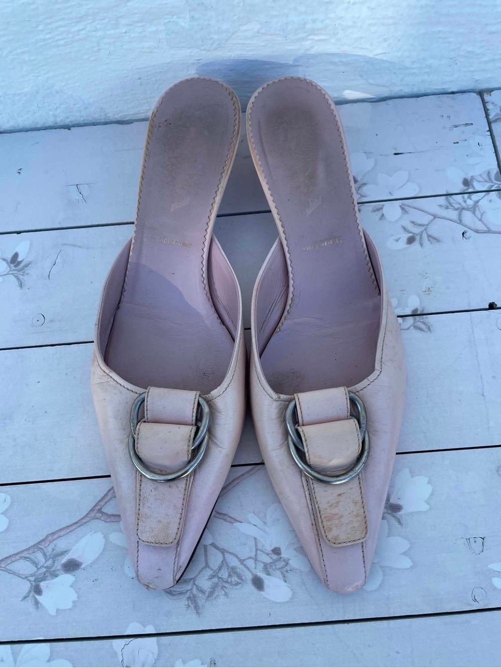 Prada Pale Pink Leather Buckle Mule Slides
